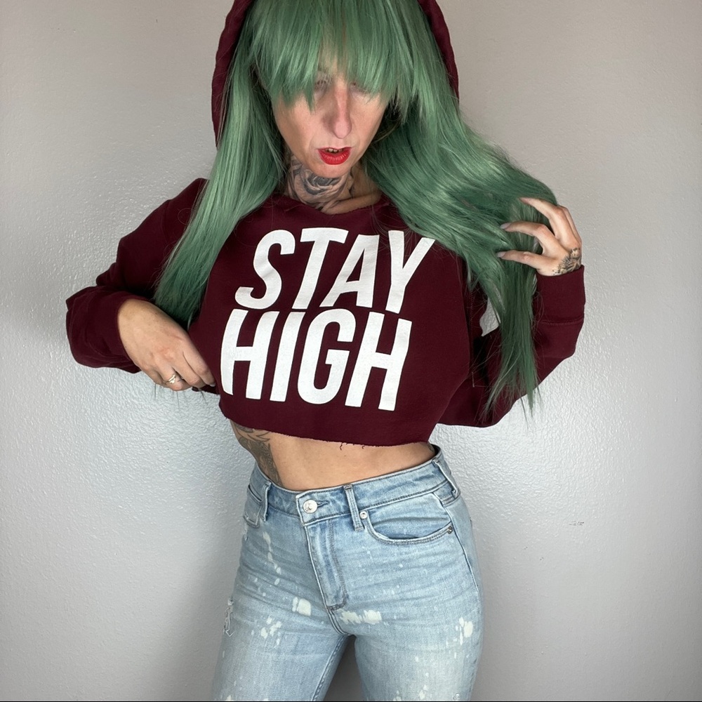 HIPPIE SABOTAGE Hoodie ‘Stay High’ Custom Maroon Crop Sweatshirt Y2K Band Small
